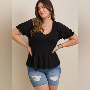Torrid Cotton Modal Slub  Smocked Short Sleeve Babydoll Top Black Women Size 0